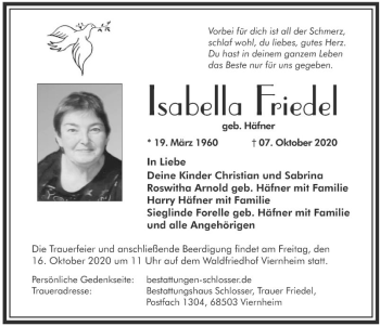 Traueranzeige von Isabella Friedel von Südhessen Morgen