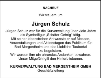 Traueranzeige von Jürgen Schulz von Fränkische Nachrichten
