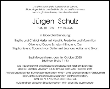 Traueranzeige von Jürgen Schulz von Fränkische Nachrichten