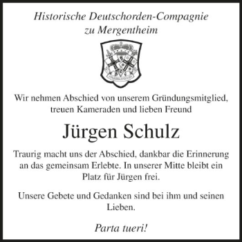 Traueranzeige von Jürgen Schulz von Fränkische Nachrichten