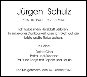 Traueranzeige von Jürgen Schulz von Fränkische Nachrichten