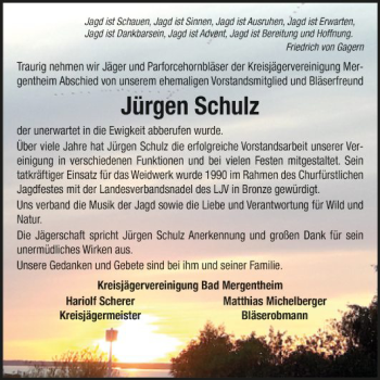 Traueranzeige von Jürgen Schulz von Fränkische Nachrichten