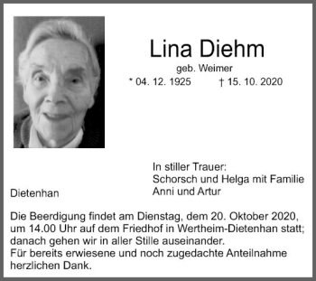 Traueranzeige von Lina Diehm von Fränkische Nachrichten