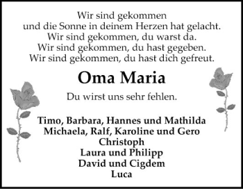 Traueranzeige von Maria  von Fränkische Nachrichten