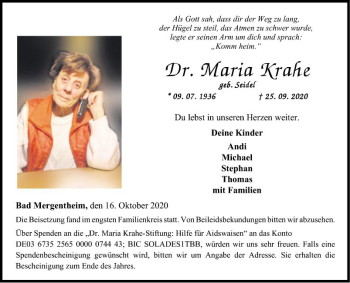 Traueranzeige von Marta Krahe von Fränkische Nachrichten