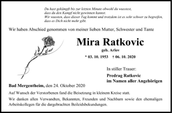 Traueranzeige von Mira Ratkovic von Fränkische Nachrichten