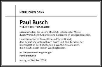 Traueranzeige von Paul Busch von Fränkische Nachrichten