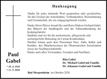 Traueranzeige von Paul Gabel von Fränkische Nachrichten