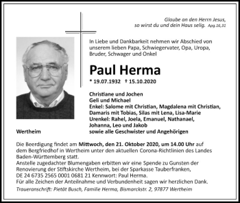 Traueranzeige von Paul Herma von Fränkische Nachrichten
