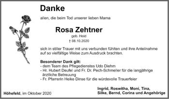 Traueranzeige von Rosa Zehtner von Fränkische Nachrichten