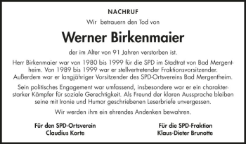 Traueranzeige von Werner Birkenmaier von Fränkische Nachrichten