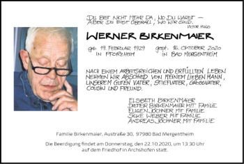 Traueranzeige von Werner Birkenmaier von Fränkische Nachrichten