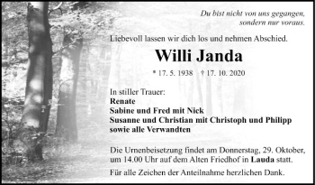 Traueranzeige von Willi Janda von Fränkische Nachrichten