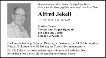Traueranzeige von Alfred Jekeli von Fränkische Nachrichten