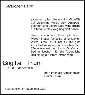 Traueranzeige von Brigitte Thum von Mannheimer Morgen