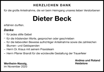 Traueranzeige von Dieter Beck von Fränkische Nachrichten
