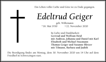 Traueranzeige von Edeltrud Geiger von Schwetzinger Zeitung