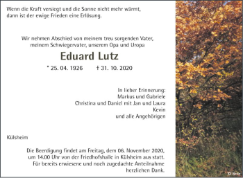 Traueranzeige von Eduard Lutz von Fränkische Nachrichten
