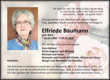Traueranzeige von Elfriede Baumann von Fränkische Nachrichten