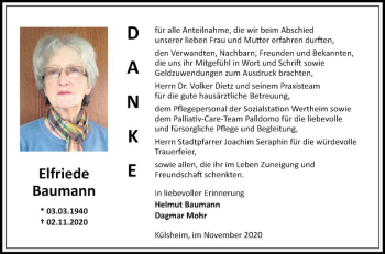 Traueranzeige von Elfriede Baumann von Fränkische Nachrichten