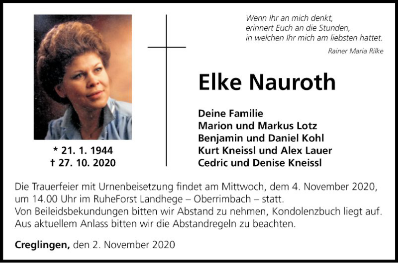  Traueranzeige für Elke Nauroth vom 02.11.2020 aus Fränkische Nachrichten
