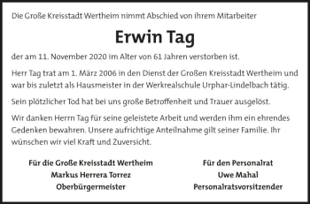 Traueranzeige von Erwin Tag von Fränkische Nachrichten