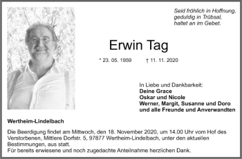 Traueranzeige von Erwin Tag von Fränkische Nachrichten