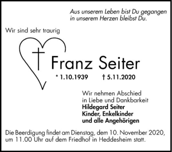 Traueranzeige von Franz Seiter von Mannheimer Morgen