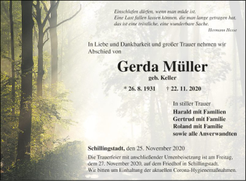 Traueranzeige von Gerda Müller von Fränkische Nachrichten