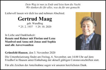 Traueranzeige von Gertrud Maag von Fränkische Nachrichten