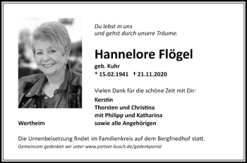 Traueranzeige von Hannelore Flögel von Fränkische Nachrichten