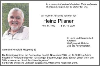 Traueranzeige von Heinz Pilsner von Fränkische Nachrichten