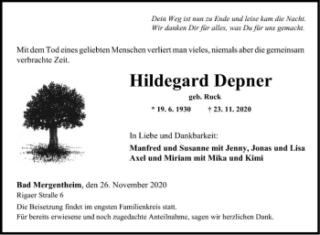 Traueranzeige von Hildegard Depner von Fränkische Nachrichten
