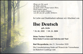 Traueranzeige von Ilse Deutsch von Fränkische Nachrichten