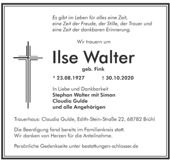 Traueranzeige von Ilse Walter von Mannheimer Morgen