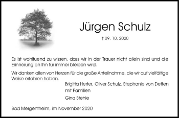 Traueranzeige von Jürgen Schulz von Fränkische Nachrichten