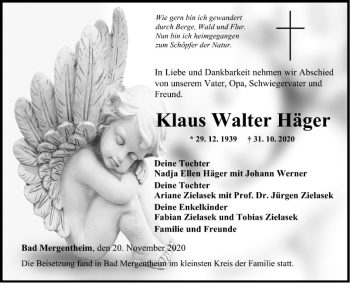 Traueranzeige von Klaus Walter Häger von Fränkische Nachrichten