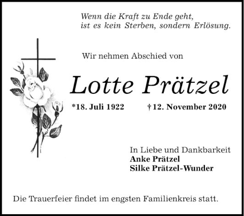  Traueranzeige für Lotte Prätzel vom 21.11.2020 aus Mannheimer Morgen
