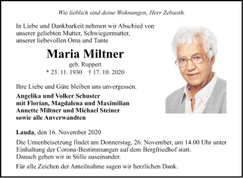 Traueranzeige von Maria Miltner von Fränkische Nachrichten