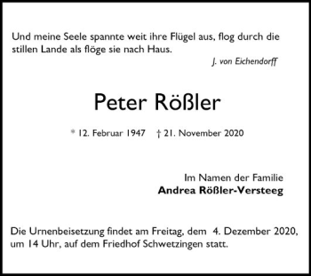 Traueranzeige von Peter Rößler von Mannheimer Morgen