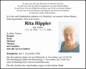 Traueranzeige von Rita Hippler von Fränkische Nachrichten