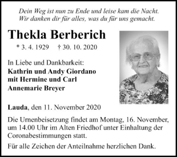Traueranzeige von Thekla Berberich von Fränkische Nachrichten