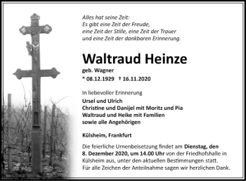 Traueranzeige von Waltraud Heinze von Fränkische Nachrichten