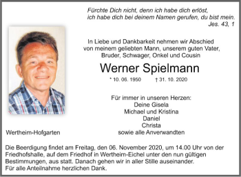 Traueranzeige von Werner Spielmann von Fränkische Nachrichten
