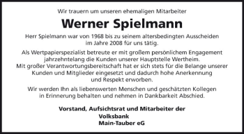Traueranzeige von Werner Spielmann von Fränkische Nachrichten