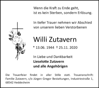 Traueranzeige von Willi Zutavern von Mannheimer Morgen