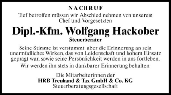 Traueranzeige von Wolfgang Hackober von Fränkische Nachrichten