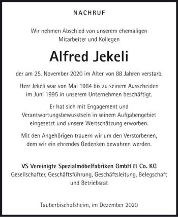 Traueranzeige von Alfred Jekeli von Fränkische Nachrichten