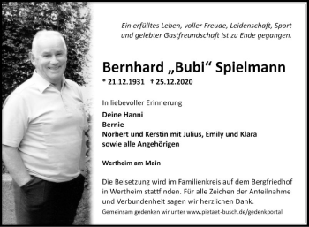 Traueranzeige von Bernhard  Spielmann von Fränkische Nachrichten