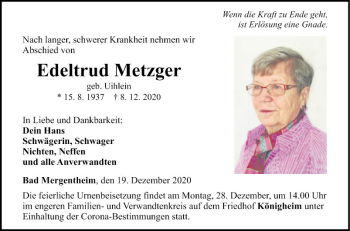 Traueranzeige von Edeltrud Metzger von Fränkische Nachrichten